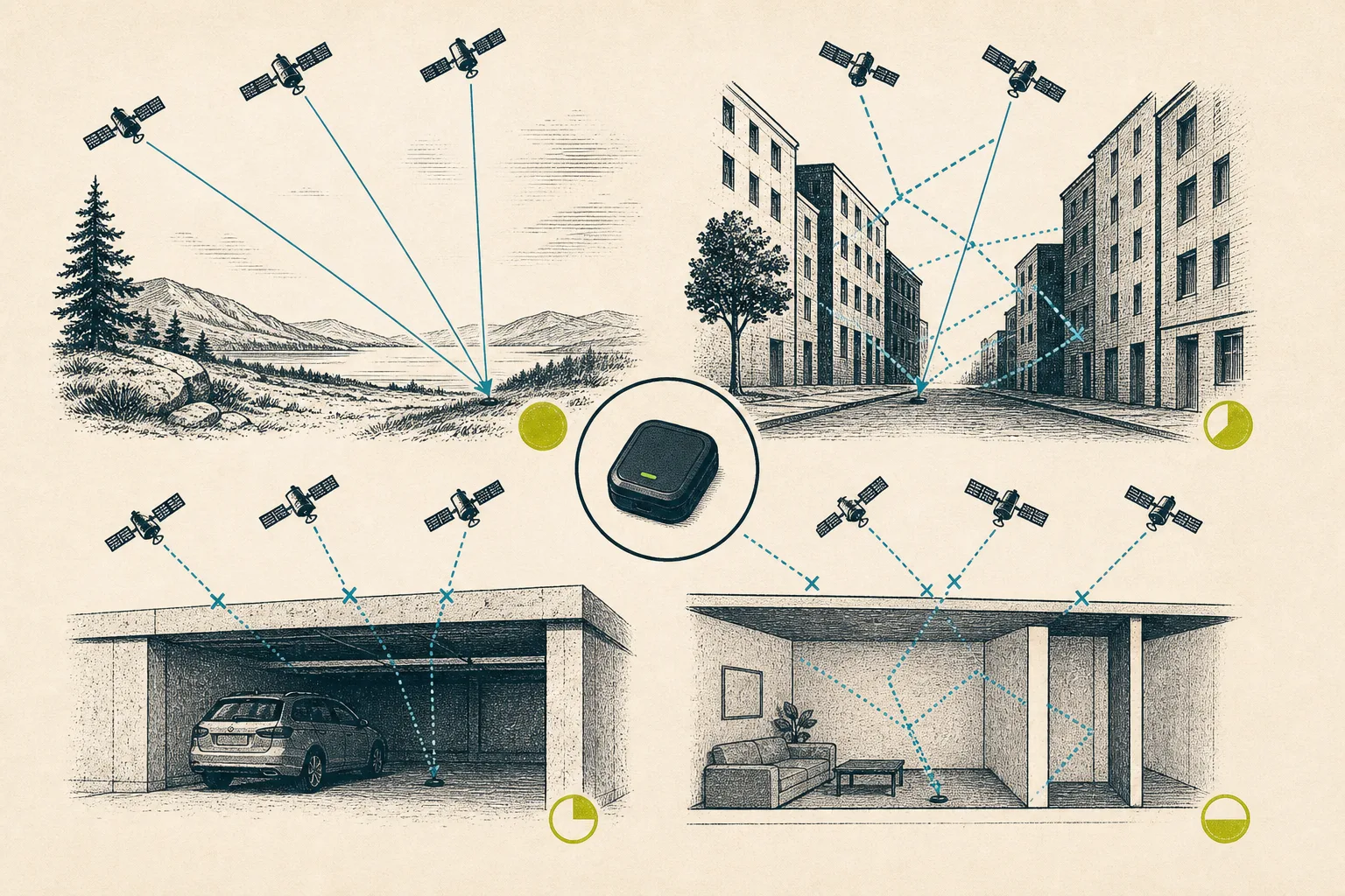 Illustration av hur fri himmel, byggnader, garage och inomhusmiljö påverkar GPS-signalen