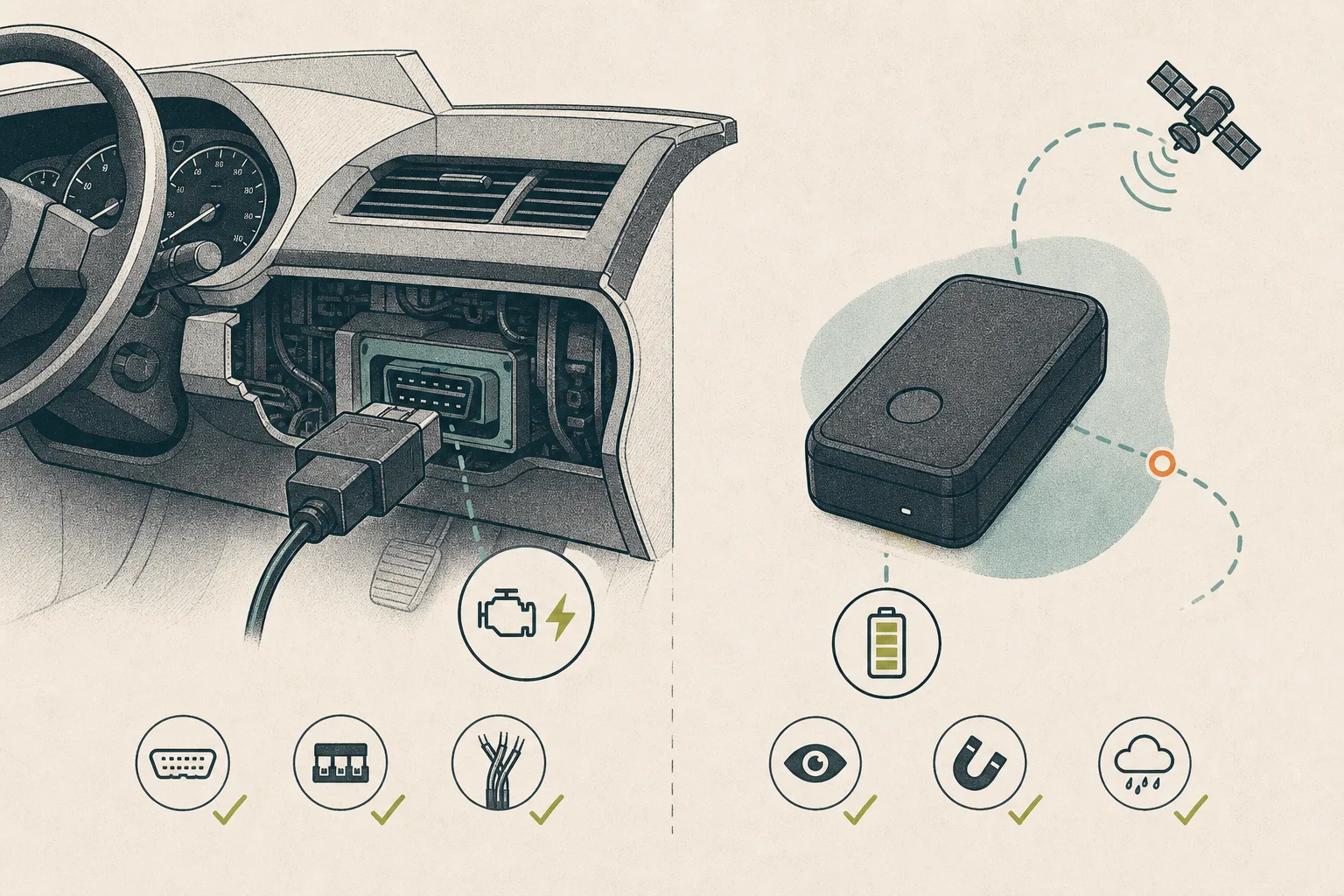 Illustration som jämför OBD-ansluten och batteridriven GPS-tracker i bil