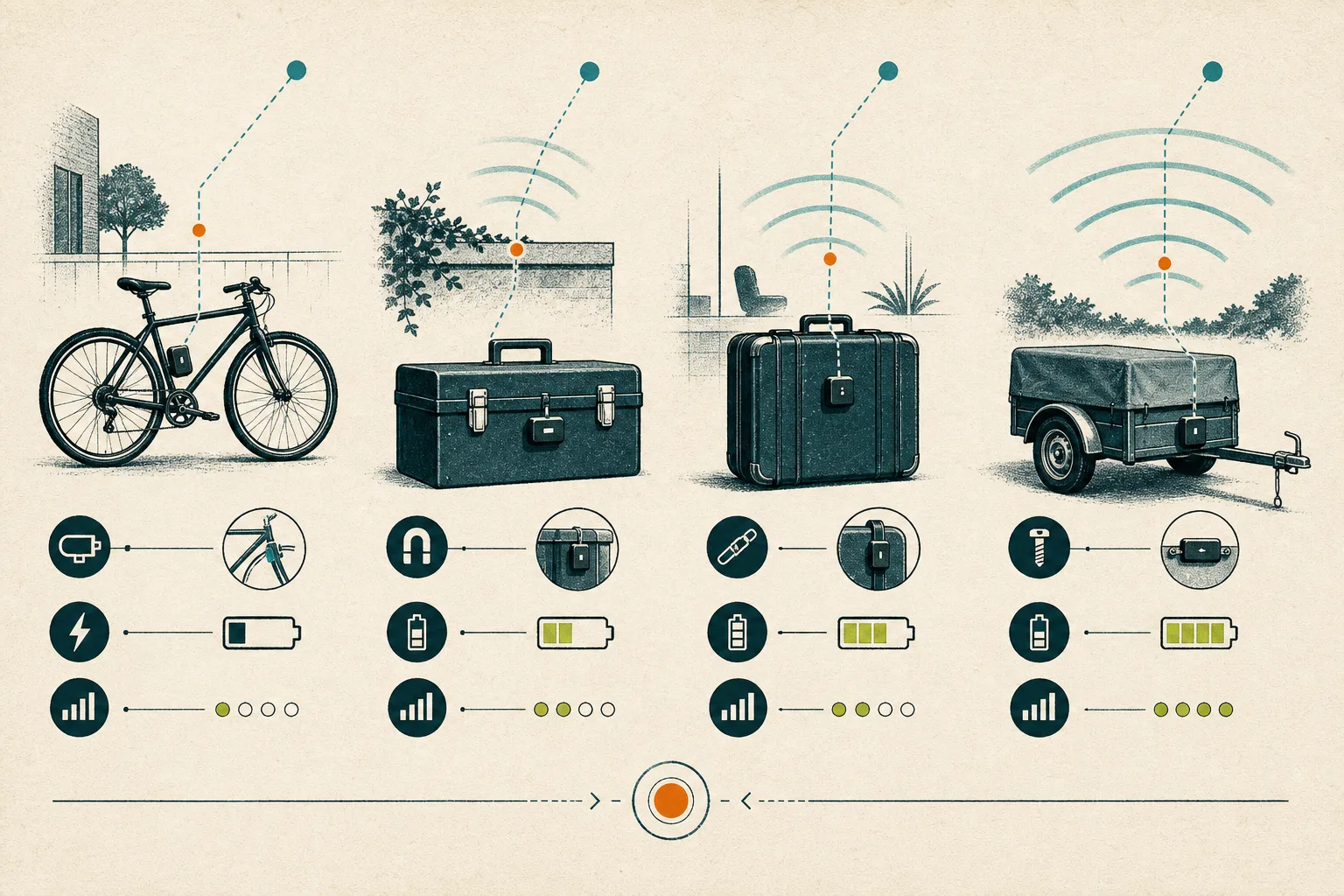 Illustration av släp, verktygslåda och cykel med olika krav på GPS-tracker