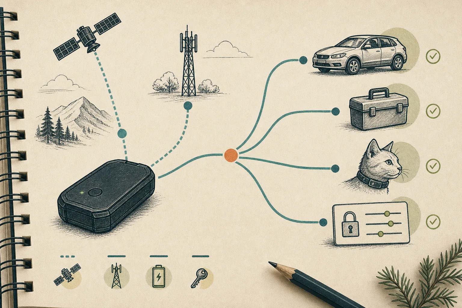Illustration av GPS-spårning för bil, verktygslåda och katt