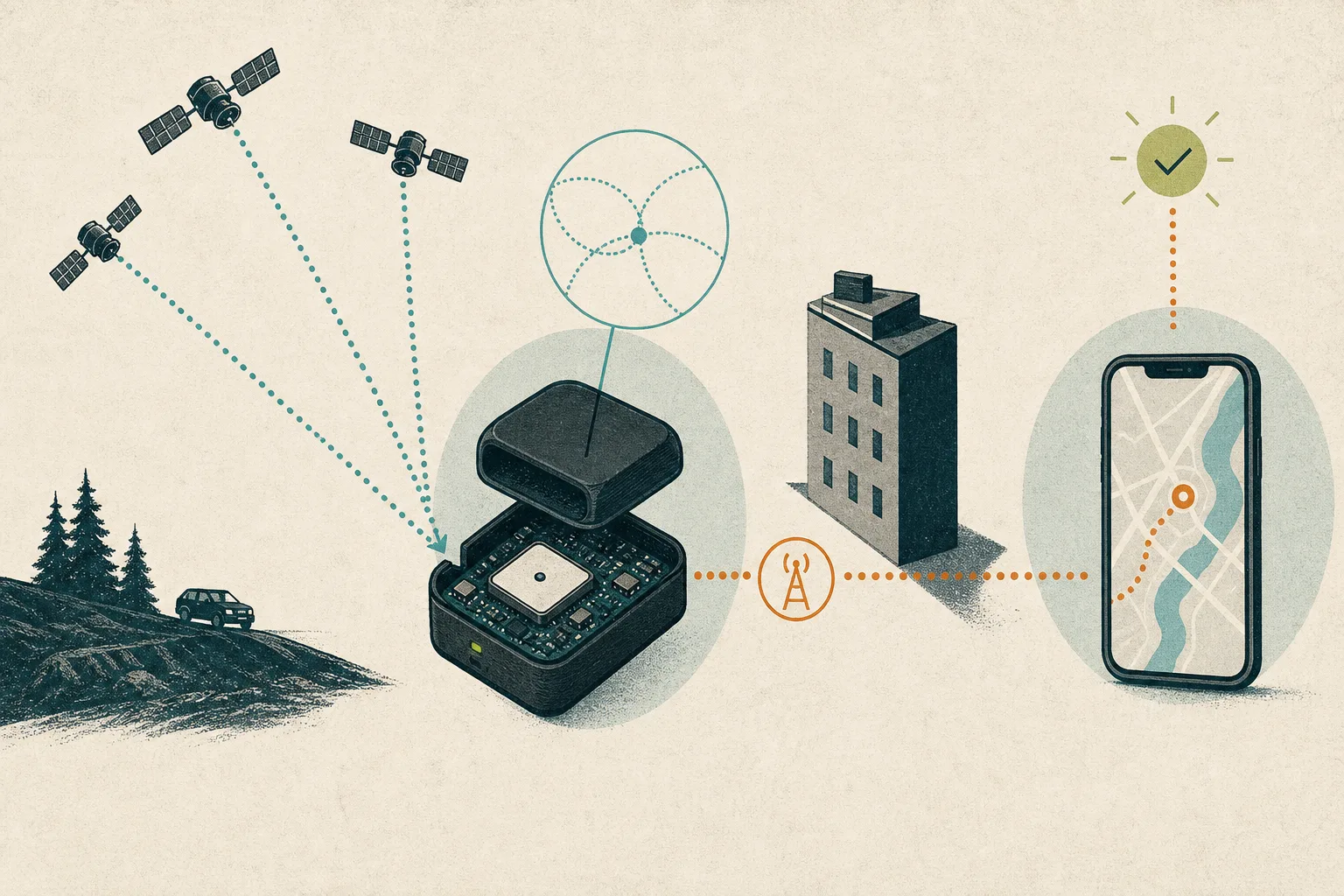 Illustration av hur satellitsignal, GPS-tracker, mobilnät och app hänger ihop